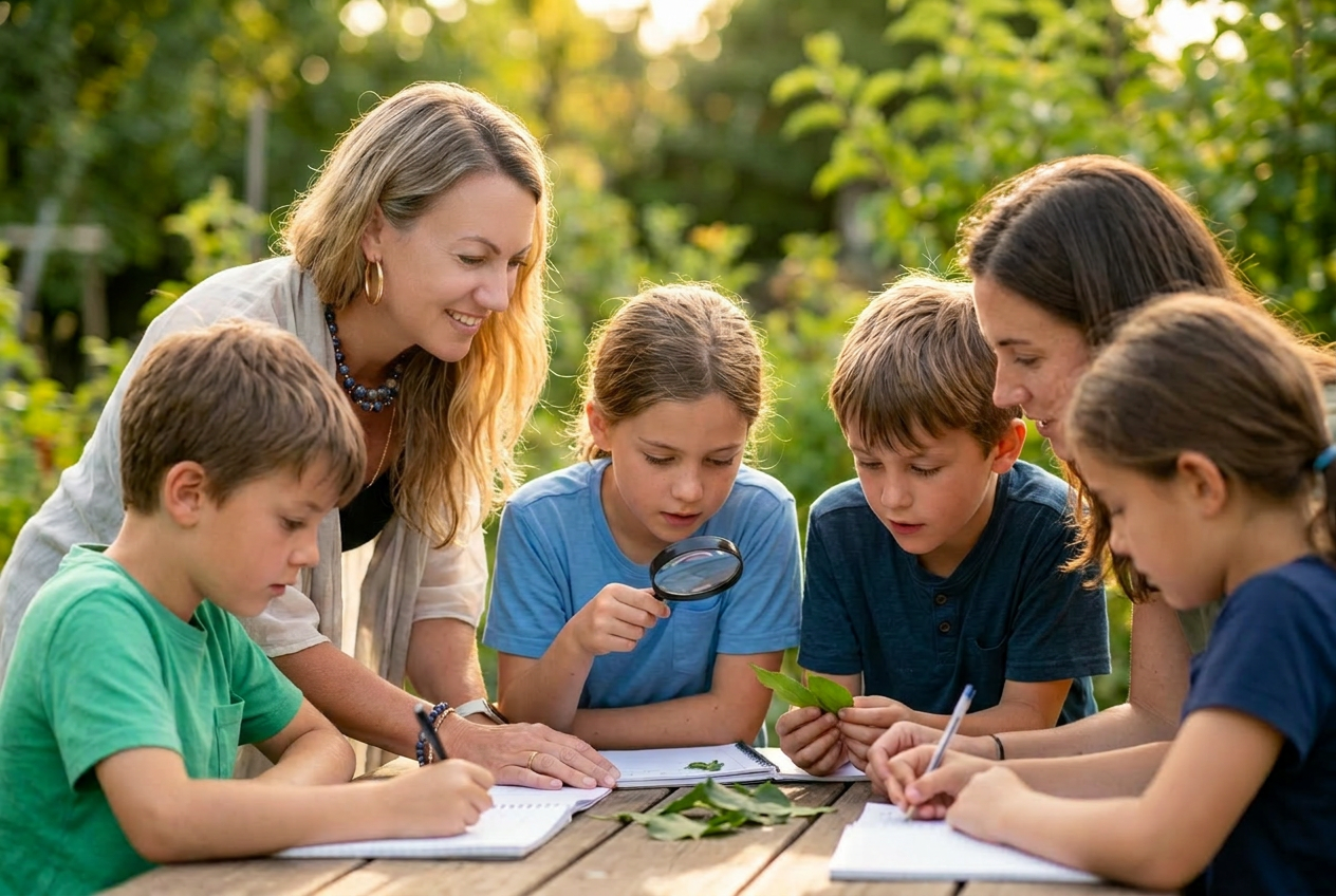 A teacher and a small group of 9–12 year olds outdoors, examining leaves and writing in notebooks around a wooden table.